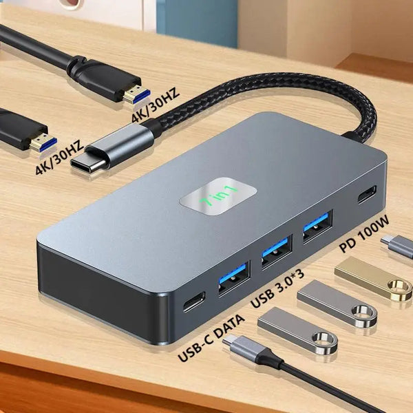 Ready to Ship Aluminum USB C Hub 7-in-1 Docking Station with Dual 4K HDMI USB 3.0 100W PD Type-C Adapter for Mac/Windows