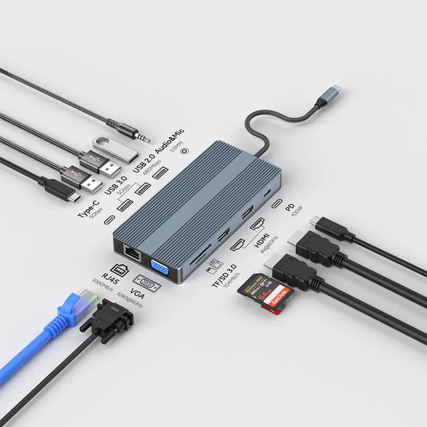 12 in 1 HDMI 4K 60Hz USB C PD Fast Charge 100W With 1080P VGA 1000M RJ45 Audio Type C 30 TF SD Aluminum Fashion Docking Station