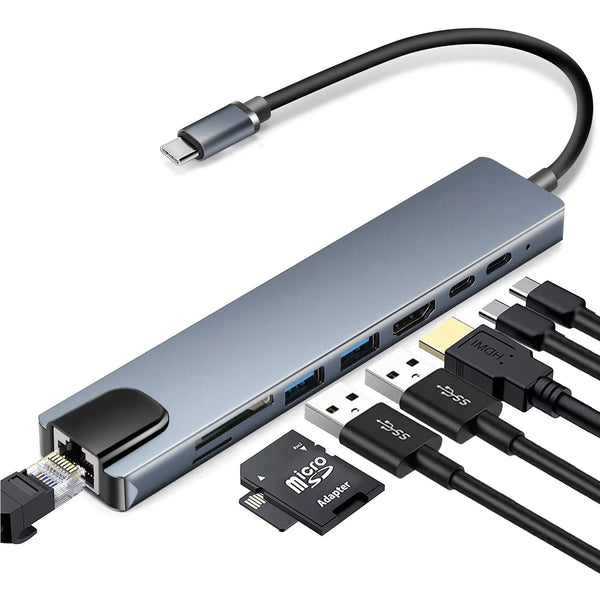 WFYEAR Aluminum 8-in-1 Docking Hub USB3.0 USB 2.0 4K HD USB C SD/TF Card Reader for Macbook Type C Laptop 4K HD USB C 8 1