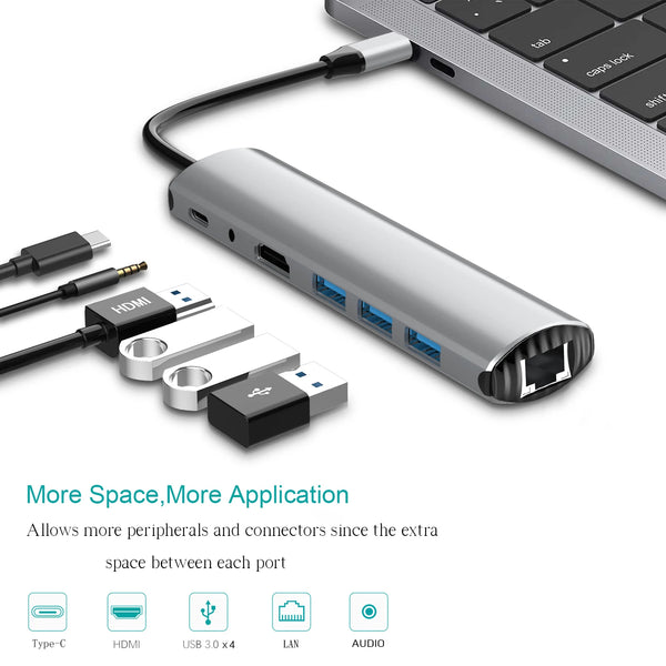 New Arrival 6 in 1 Type-C Hub with 4K 30Hz for HDMI PD100W Charge Docking Thunderbolt USB 3.0 for HDTV