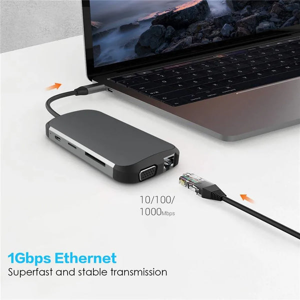 USB C Hub Adapter 7 1 Pro Pad LED USB C Card Reader VGA PD Charging Compatible PC Computer Accessory Ethernet Aluminium Material