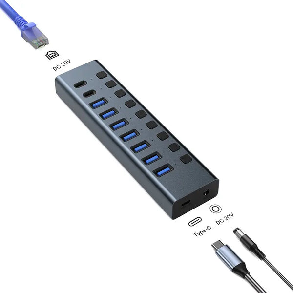 High Speed 10 Ports USB 2.0 USB 3.0 Type 3.1 Gen 2 Splitter With RJ45 Network for Computer Manufacturer China MINI USB Por Hub