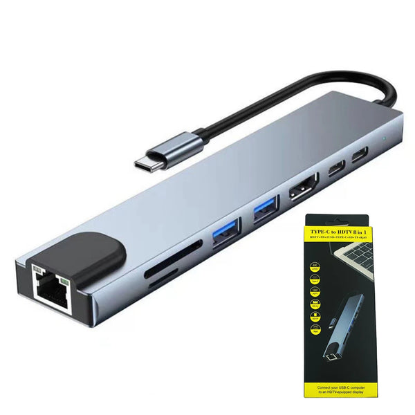 WFYEAR 8-in-1 USB-C Hub 4K HD USB 3.0 PD 100W Charging SD/TF Card Reader RJ45 Ethernet Type-C Docking Station Aluminium Alloy