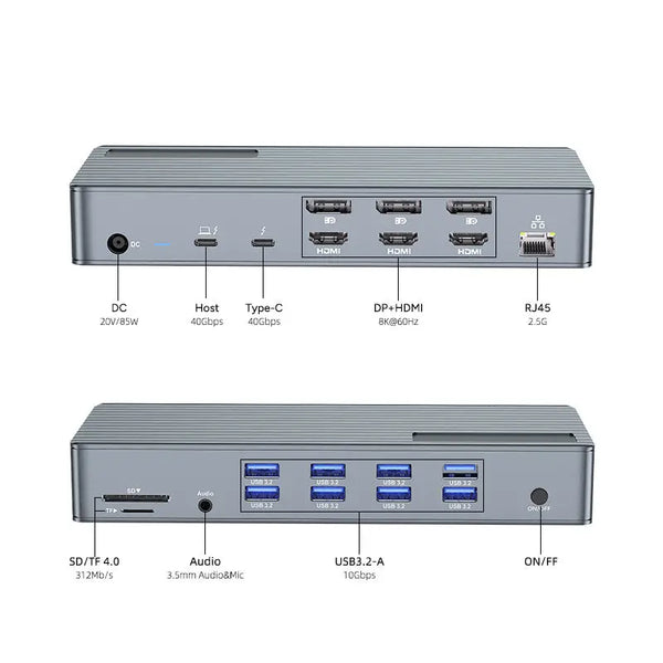 Fast Charge USB 4 Type C 40Gbps 20 in 1 85W PD HDMI 4K 60Hz USB A3.2 Gen2 TF SD RJ45 2.5G HUB Docking Station Thunderbolt 4