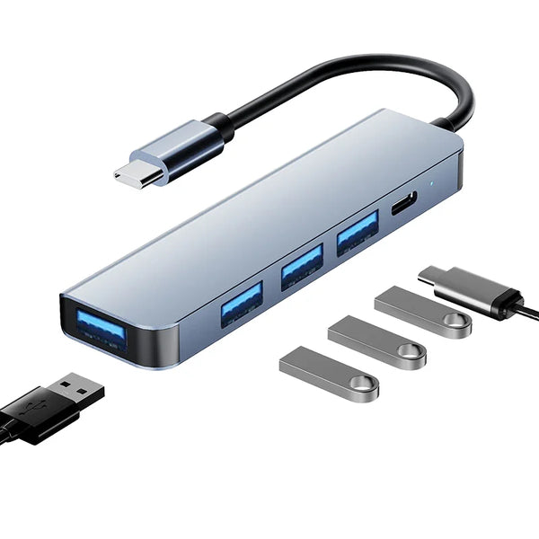 Mini 5-in-1 Multiport USB 3.0 Extension Splitter Hub 5-Port Multi-function Converter Type C Aluminium for Computer 4-Port