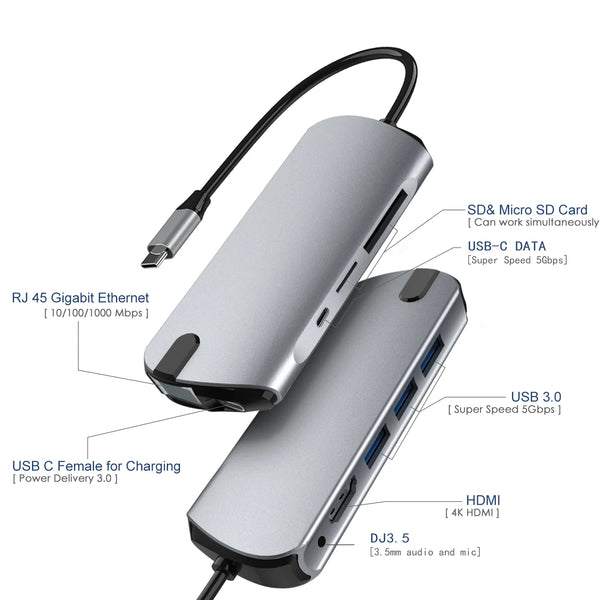 Multiport Dock Station Type C USB Hub 10 in 1 Type C Adapter 2 X USB 3.0 Poort Reader SD Kaartlezer USB Hub