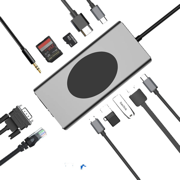 RJ45 HDMI 4K 11-15 Port Type C Interface Charging Hub Station USB C Hub Smart Adapter Wireless Charger 15w