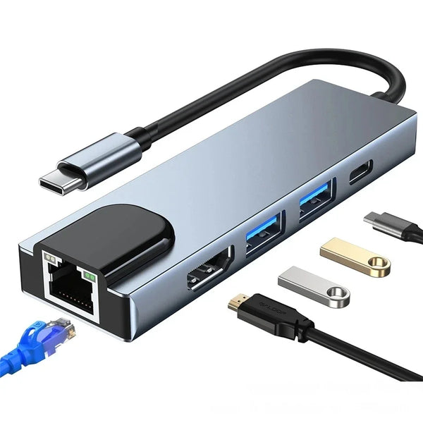 USB-C Hub 5-in-1 4K HD Output 100M RJ45 Ethernet PD 100W Charging Adapter USB 3.0 Interface Multiport Function