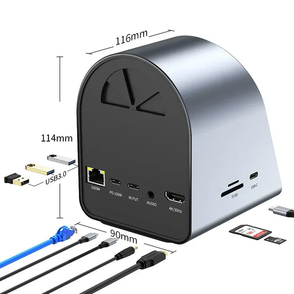 11-In-1 Aluminum USB-C Docking Station Hub 4K 4KHD SD/TF Multiport Type-C Adapter for Laptop/Tablet USB 3.0 Wireless Charging
