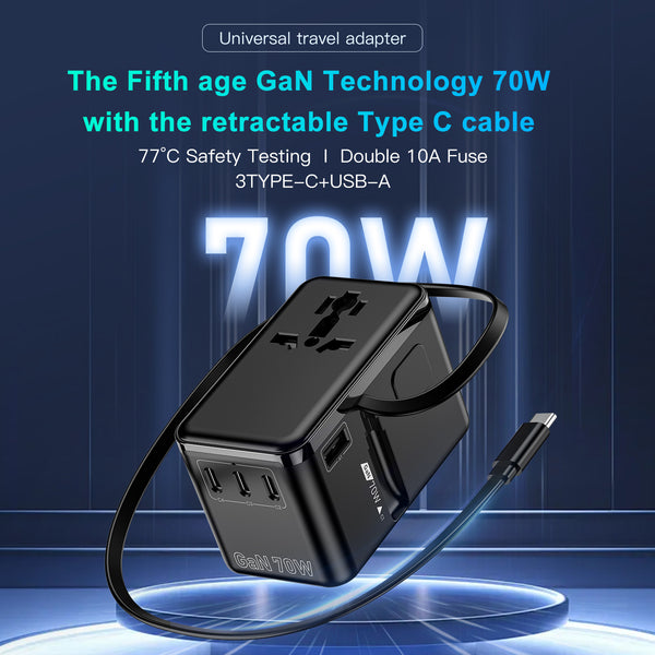 FC&EC GaN 70W Travel Adapter with Universal Multi Plug Charger USB C Fast Charging Compact GaN Charger for Laptop Tablet Phone